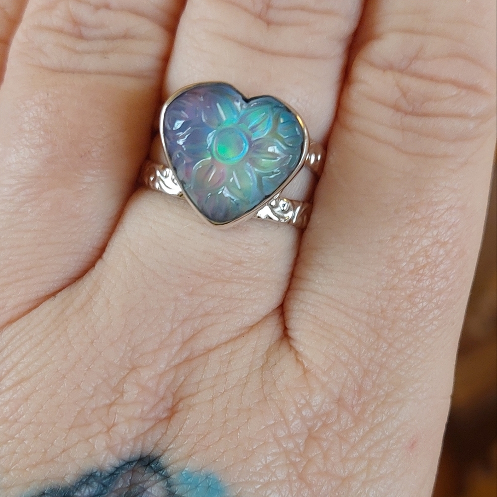 Aurora Opal Carved Heart Shaped Ring Sterling Silver - Picture 3 of 8